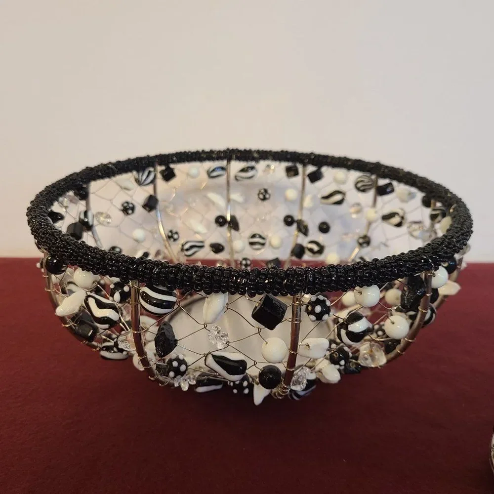 Black and White Metal Wire and Glass Beaded Bowls Baskets Made In India